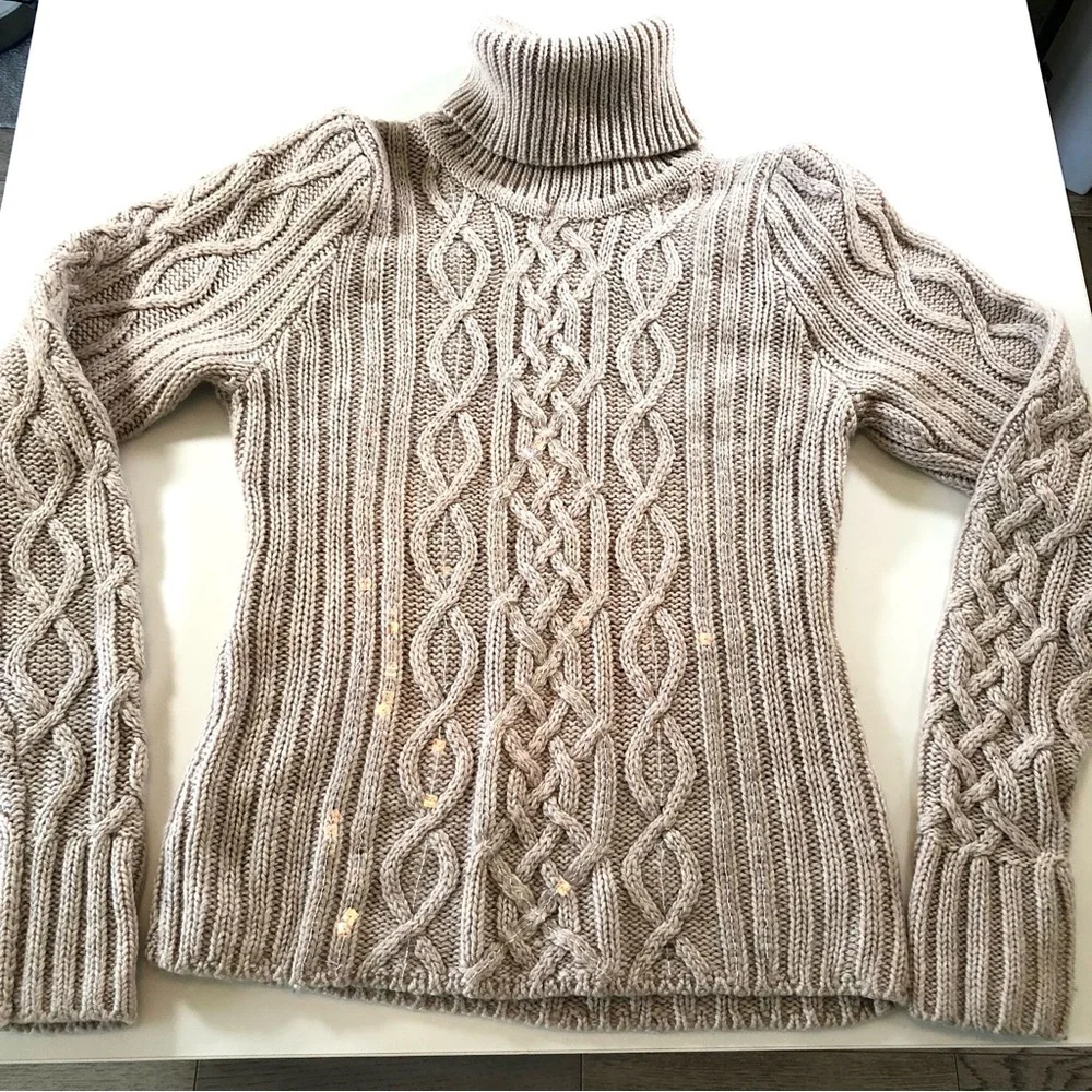 Vintage Moda International Cable Knit Turtleneck Sweater L Cream Wool Blend
